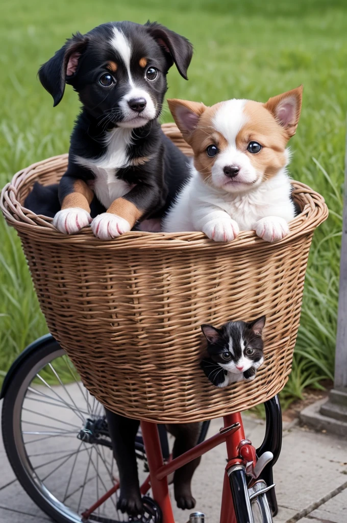 A brown puppy carrying a black and white kitten in the bicycle basket.