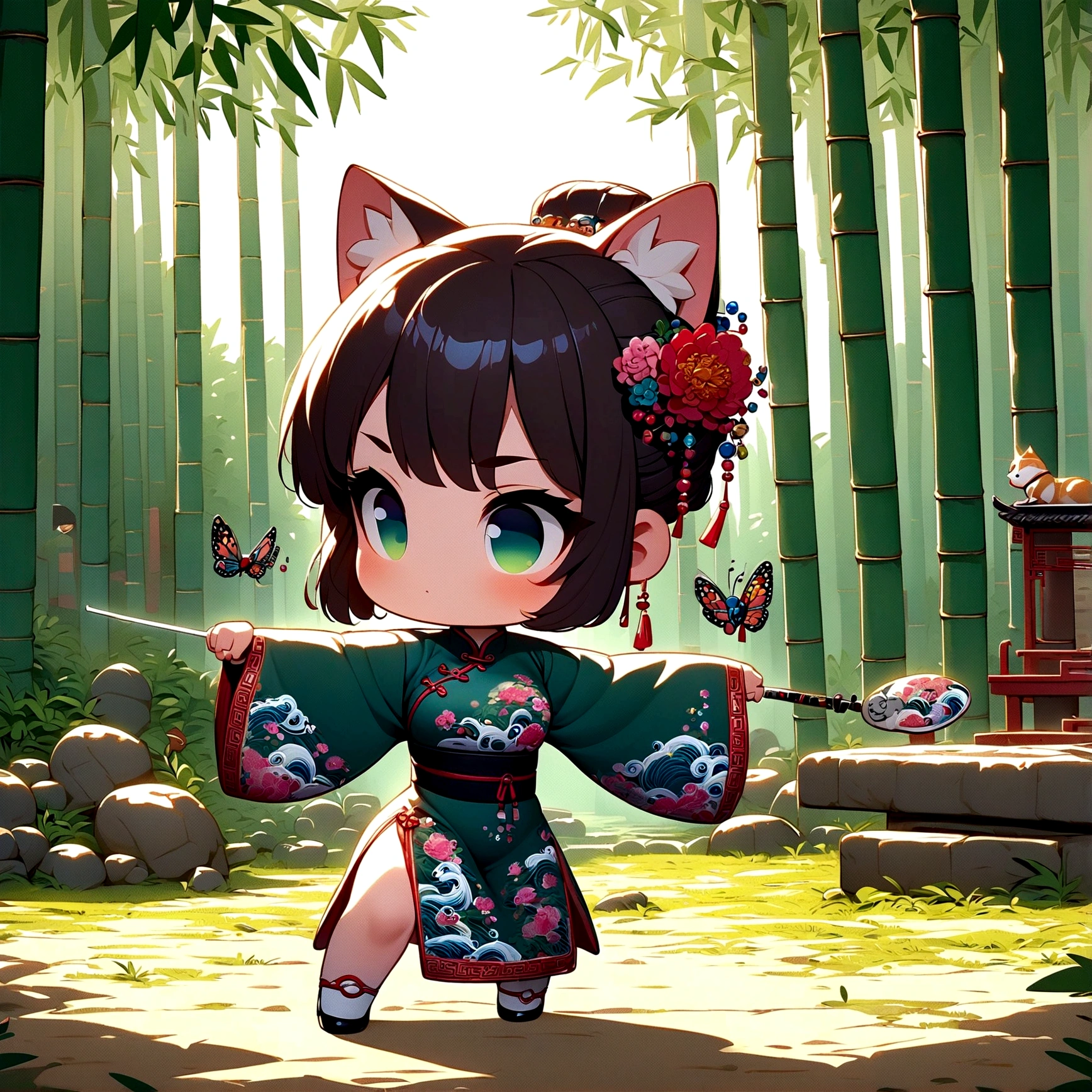 (Very detailed CG unity 8k wallpaper), (Very detailed), masterpiece, Highest quality, Japan, short hair, Mid-chest, China dress, Looking at the audience, Thigh Gap,Cat ear,icon,2 heads,Chibi Chara