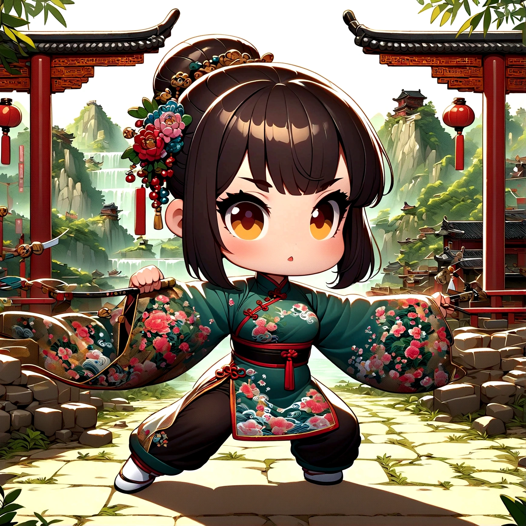 (Very detailed CG unity 8k wallpaper), (Very detailed), masterpiece, Highest quality, Japan, short hair, Mid-chest, China dress, Looking at the audience, Thigh Gap,Cat ear,icon,2 heads,Chibi Chara