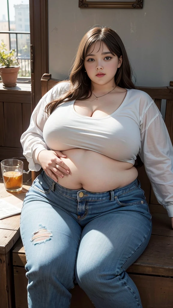 Femme très grosse, assise dans des coussins, Makima, bbwchan, cheveux rouges et yeux jaunes, double menton, elle touche son gros ventre mou et rebondi. Elle porte un short en jean et un haut en dentelle, belle lumière sur elle, magnifique femme obese
