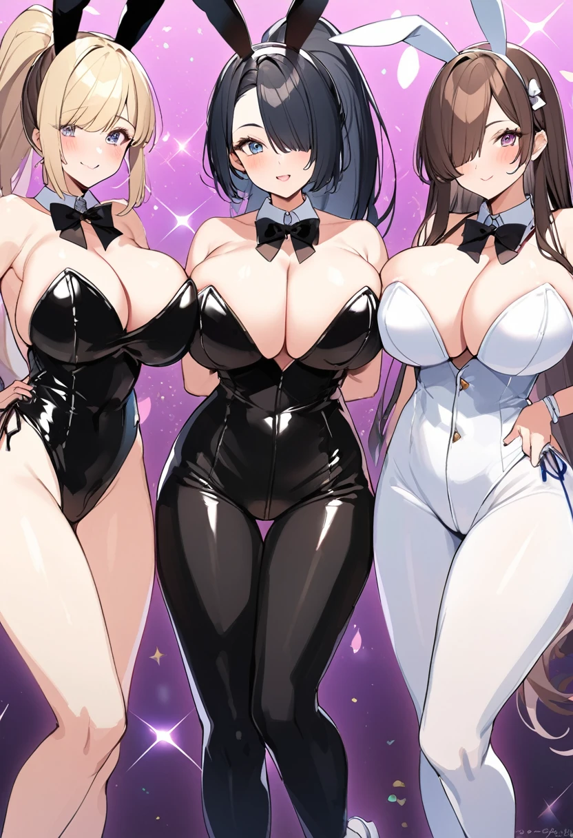 Bust Chart、Inner thighs、(Three Girls、3girls、24-years-old、27 years old、32 years old),blonde、Black Hair、Brown Hair、Bunny girl、White rabbit ears、Wrist cuff、Huge breasts:1.5、Saggy breasts:1.5、Long chest:1.3、Saggy breasts:1.5、Everyone please line up facing forward、(Mature Woman、Mature Woman:1.3)、Cabaret Club、casino、White bunny suit、Black bunny suit、Light blue bunny suit、ponytail、Bobcut、hair over one eye