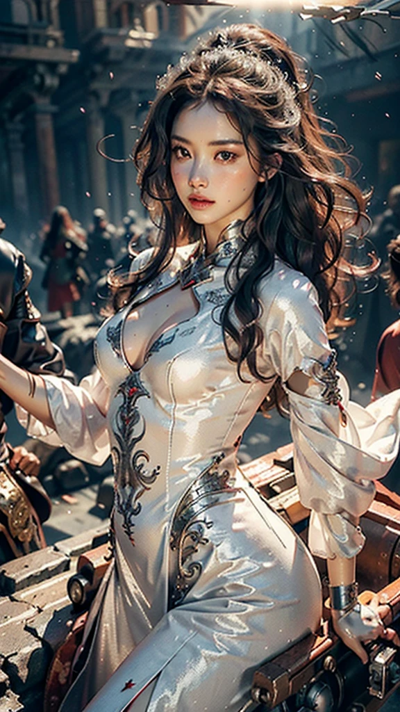 {{masterpiece}}, ultimate rendering, realistic rendering, deep red rendering, metallic rendering, {{color ink painting}}}, {{ink splatter }}}, {{color}}, gorgeous rendering, best quality, illustration, flame, smoke, doomsday world, ink splatter fire sea doomsday, full body, 1 woman, exquisite facial details, appearance Delicate face, real face, beautiful detailed eyes, deep pupils, broken city details, beautiful details, long hair, wavy hair, broken details, transparent mechanical shaft, cyborg girl, details, cool , Tight grooming, lace decoration, linear light clothing modification, large , light show, reflection, highlights, divine light, confidence, charm, seductive posture details, c Fire Day, Fire Sea, Details Armor: Silver Dragon, (calm, confident expression) Great depth, depth of field, 360° panorama, fierce autiful battle scenes, broken glass, all fingers hidden. hidden and invisible, small mouth closed