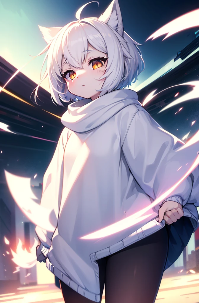 female, short, short white hair, white eyes. dynamic art, oversized sweater, furry bunny, 4k