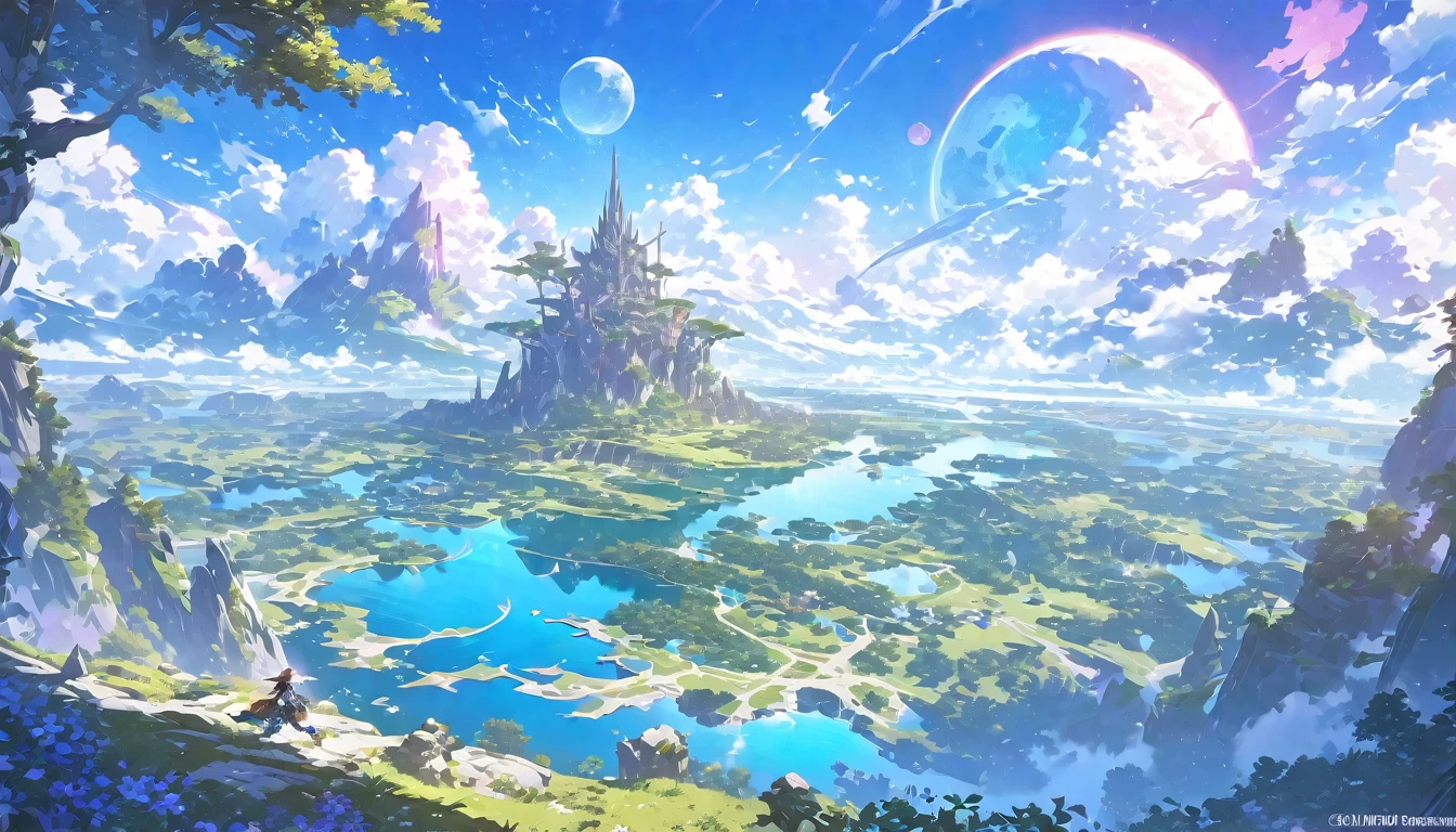 Lake Yamawa，The moon is in the sky, Highly detailed 4k digital art., 4k high definition wallpaper is very detailed., Impressive fantasy landscape, Sci-fi fantasy desktop wallpaper, Unreal Engine Wallpaper 4k, 4k detailed digital art, Sci-Fi Fantasy Wallpaper, Grand dreamlike fantasy landscape., Digital painting matte 4k high definition, Stunning 8k artwork  