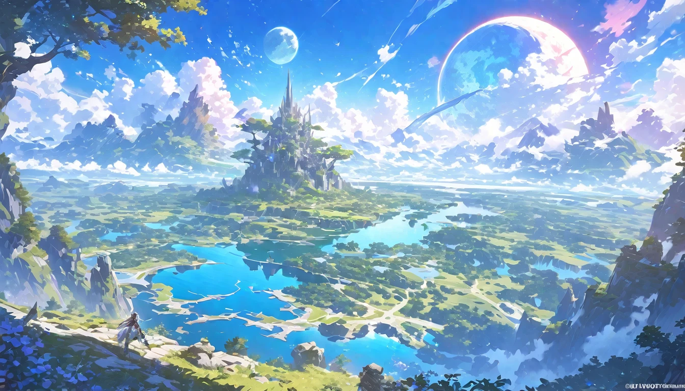 Lake Yamawa，The moon is in the sky, Highly detailed 4k digital art., 4k high definition wallpaper is very detailed., Impressive fantasy landscape, Sci-fi fantasy desktop wallpaper, Unreal Engine Wallpaper 4k, 4k detailed digital art, Sci-Fi Fantasy Wallpaper, Grand dreamlike fantasy landscape., Digital painting matte 4k high definition, Stunning 8k artwork  