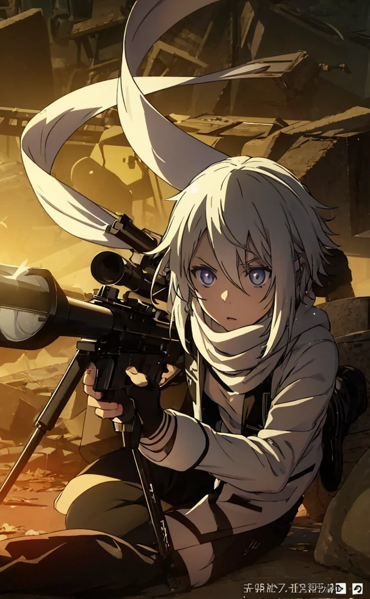 Boy with white hair;
shorth hair;
Messy hair;
eye white;
Some gun sight marks on the pupils;
wear black pants;
black jersey;
A white sweater;
A white scarf;
Snow white pupils The sniper is also white in color There's a white sniper on the back;
He is lying on the ground aiming with the sniper Right hands Symmetry Best quality No errors