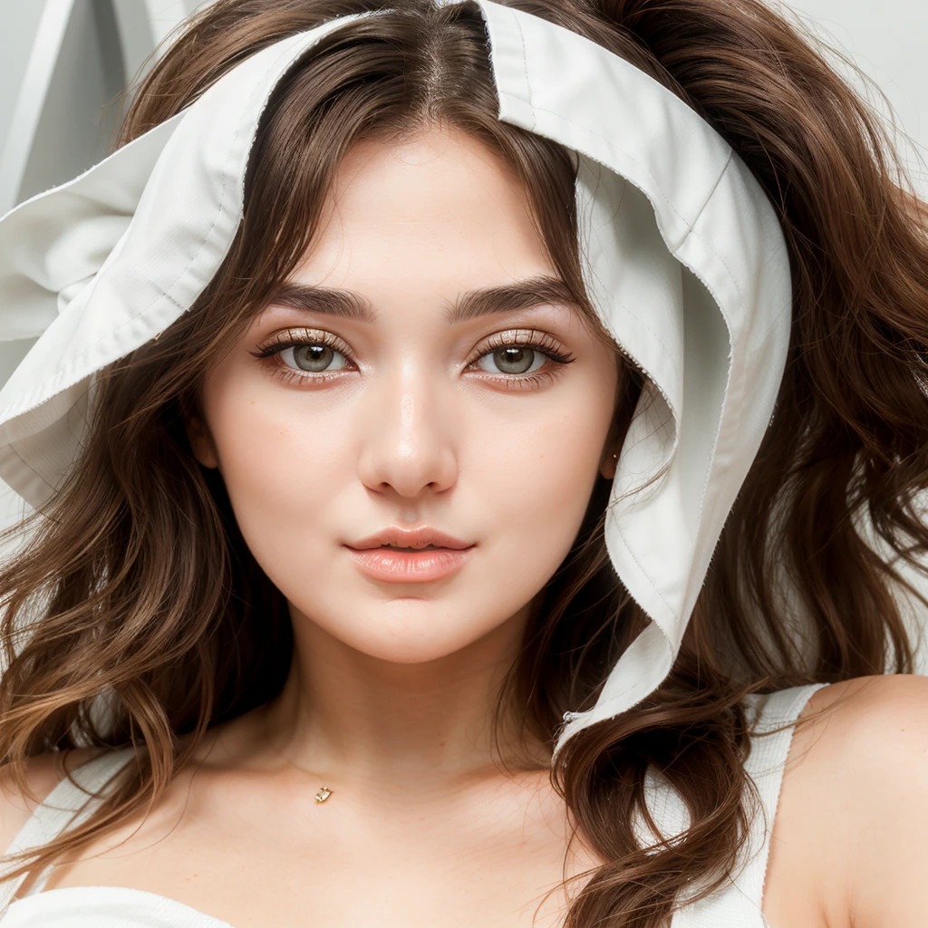 Young 20 years old russian woman, brown eyes, almond eye shape, cute gaze, full lips, big lips, hearth faceshape, little nose, medium arch eyebrows shape, thin face