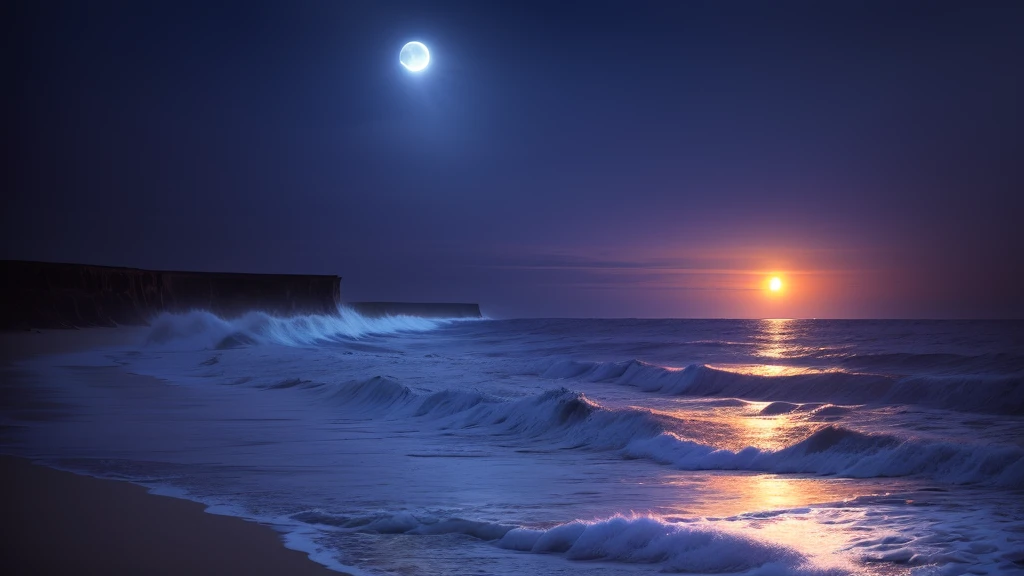 Rough beach with full moon and water body々Beautiful view, Blue Moonlight, blueish moonlight, soft Blue Moonlight, Blue Moon Light, rays of Blue Moonlight, blue night, Moonlight at night, Moonlit night sky, Dreamy atmosphere of a moonlit night, Beautiful moonlight, Moonlit Sky, deep blue night sky, moonlit ocean, Beautiful moonlight