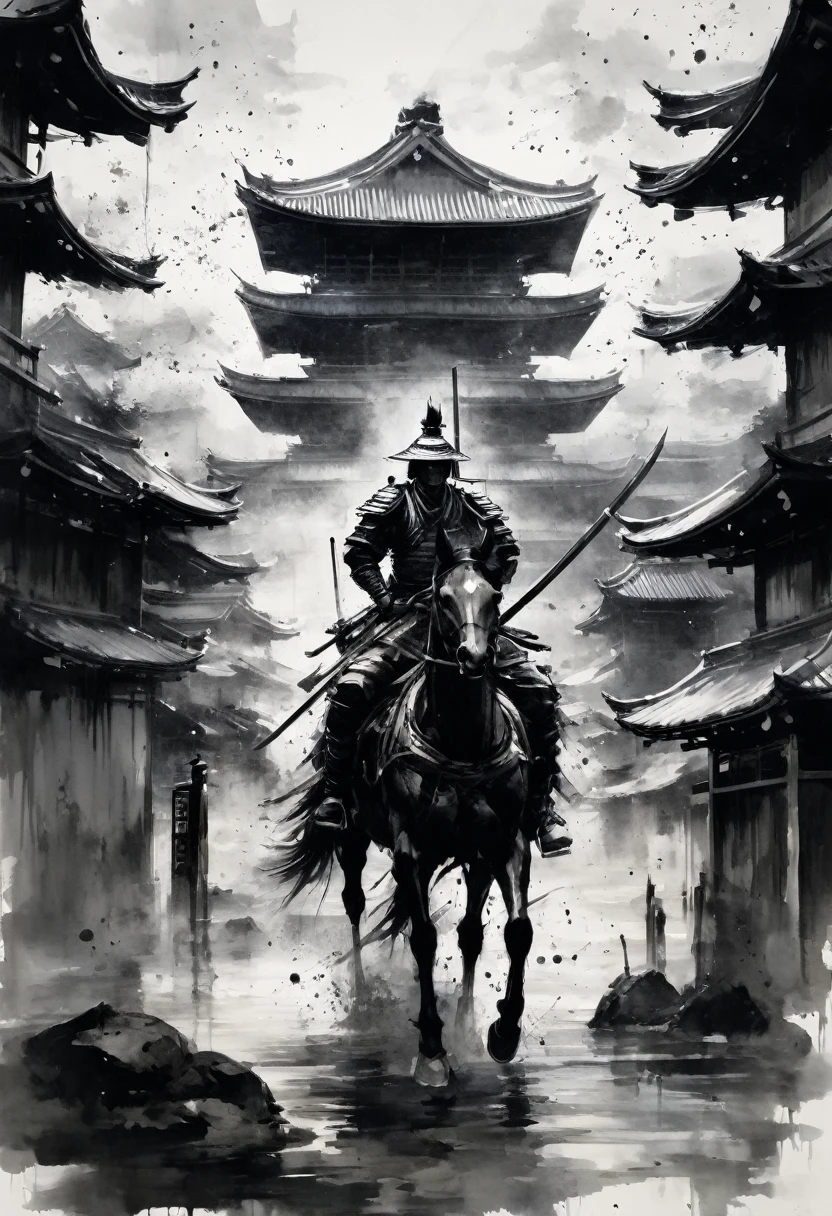 from below,Black and white painting,Ink Painting,Draw a crescent moon with brush splashes,japanese spear,(samurai armor),(Japanese Armor),Warrior,Armored horse,horse riding,Torii gate in the background,