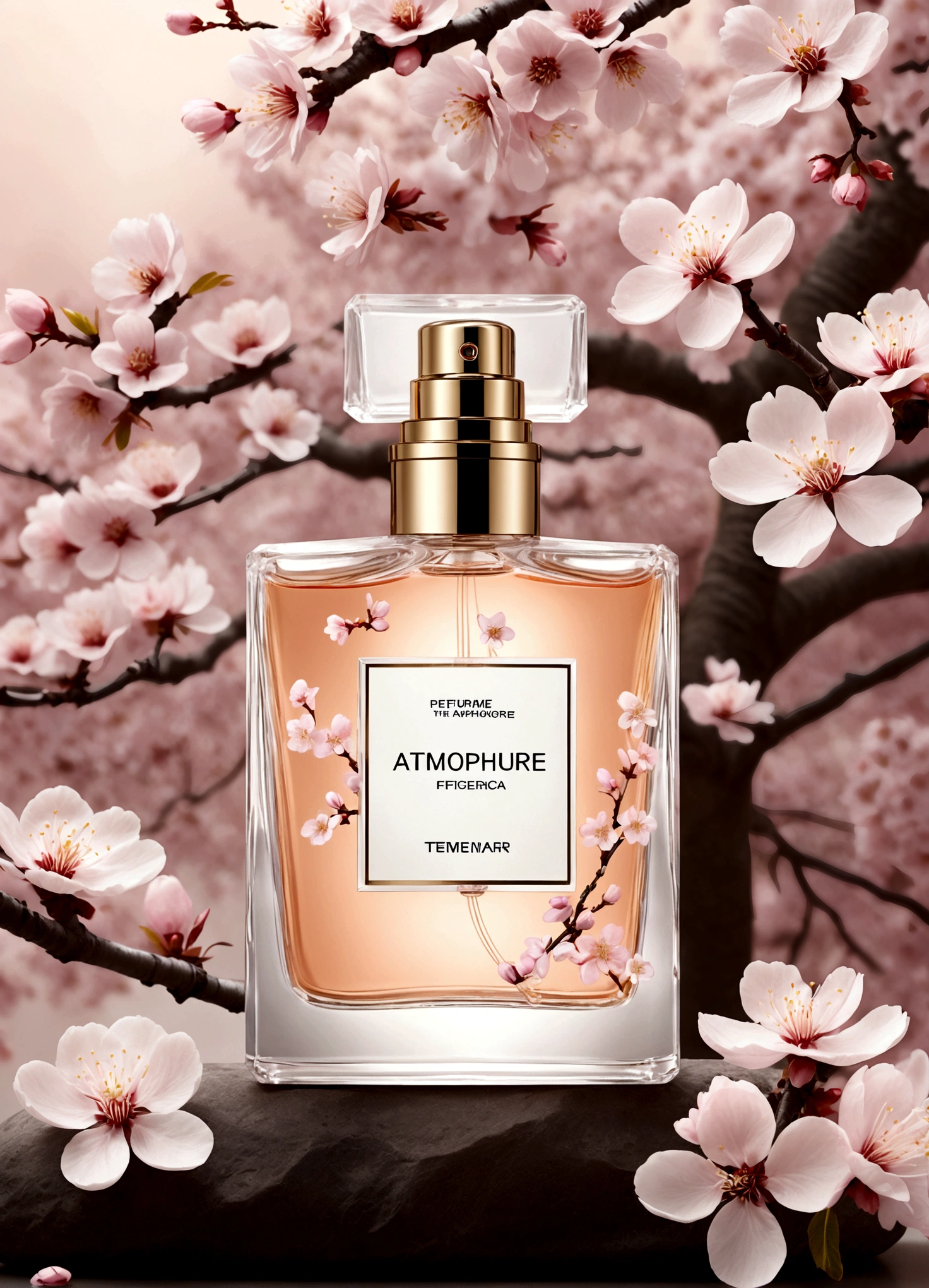 китайские perfume, atmosphere. perfume, perfume bottle, perfume, китайская atmosphere, design, atmosphere, Sakura on the background, sakura flowers flying, темная atmosphere, design, style, aesthetics