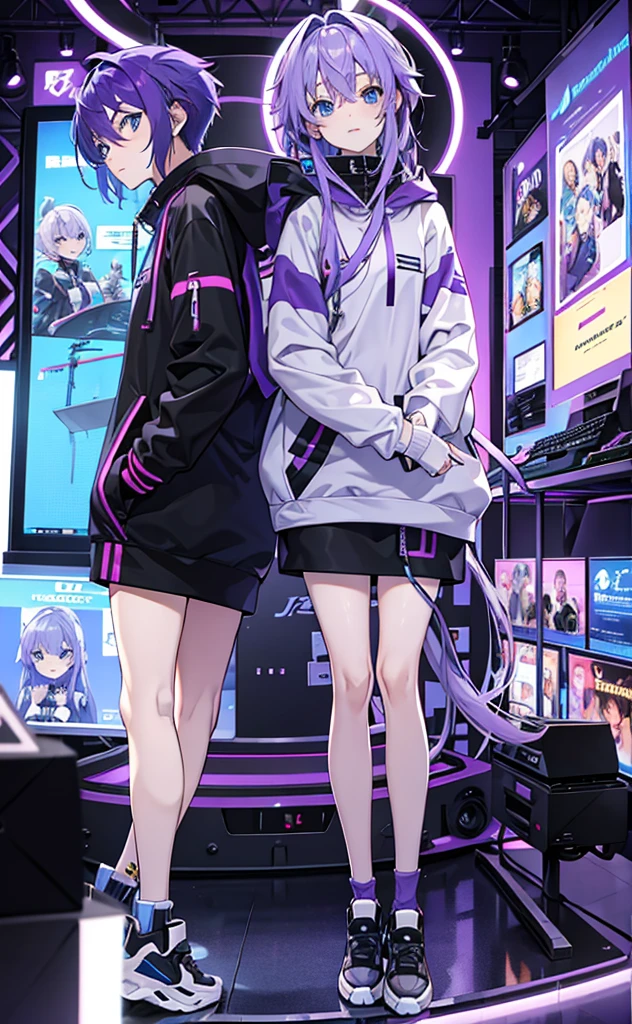 Purple Hair，Double tail，Gray hoodie，Blue Eyes，Technology