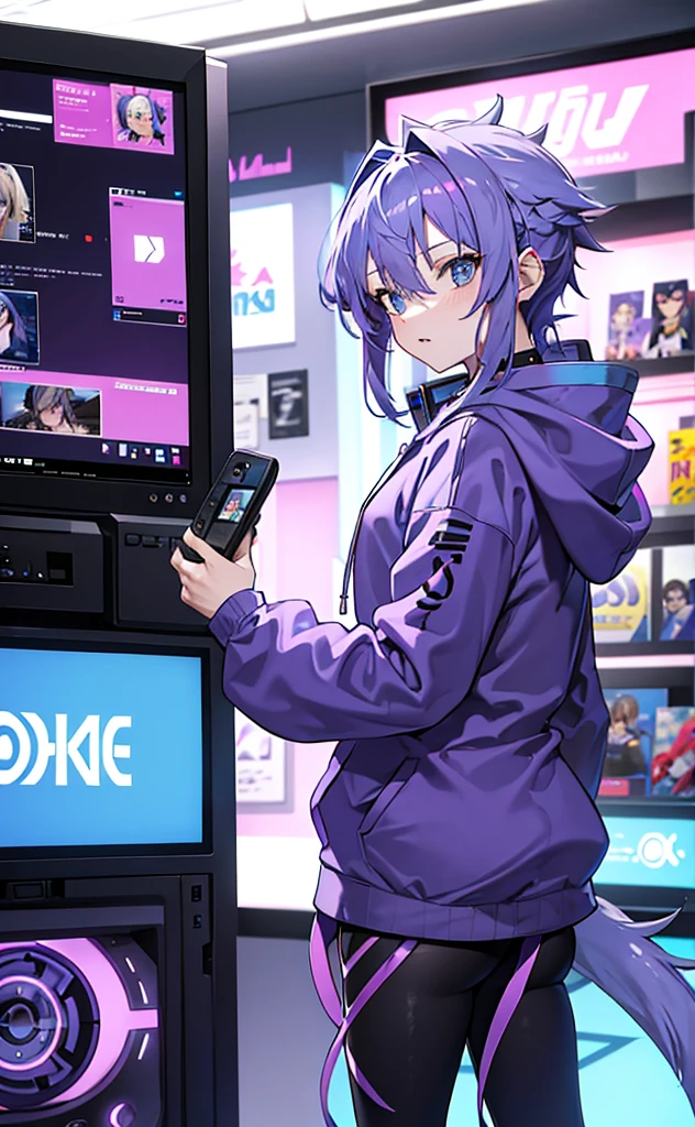 Purple Hair,Double tail,Gray hoodie,Blue Eyes,Technology