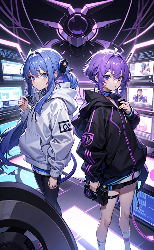 Purple Hair,Double tail,Gray hoodie,Blue Eyes,Technology