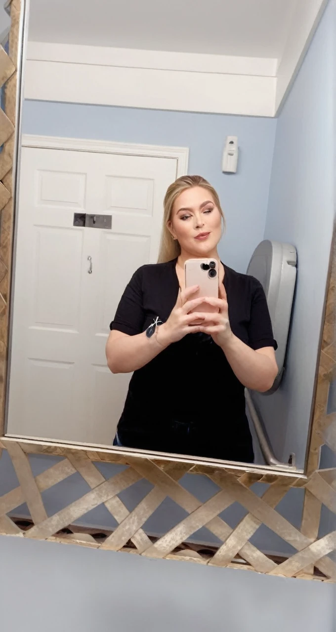 a fat,chubby milf woman with long straight blonde hair,blue jeans pants,large hips,thick thighs,busty cleavage,wearing a black casual long shirt,in a sensual pose,taking a selfie,realistic,photorealistic,photo-realistic:1.37,high quality,8k,ultra-detailed,extremely detailed face and body,masterpiece,vivid colors,natural lighting