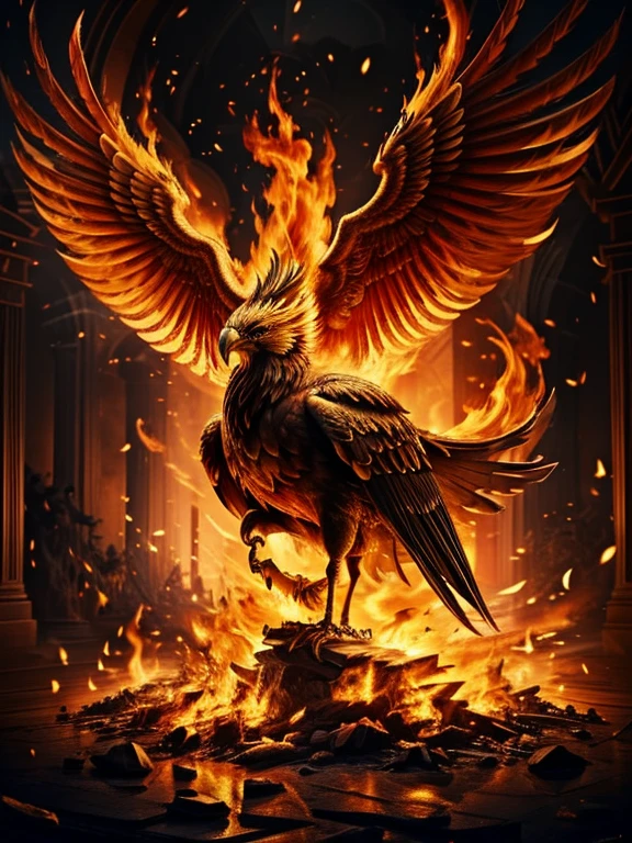 burning feathers，Phoenix renaissance，elegant and majestic，Fancy，，majestic creature，flame light