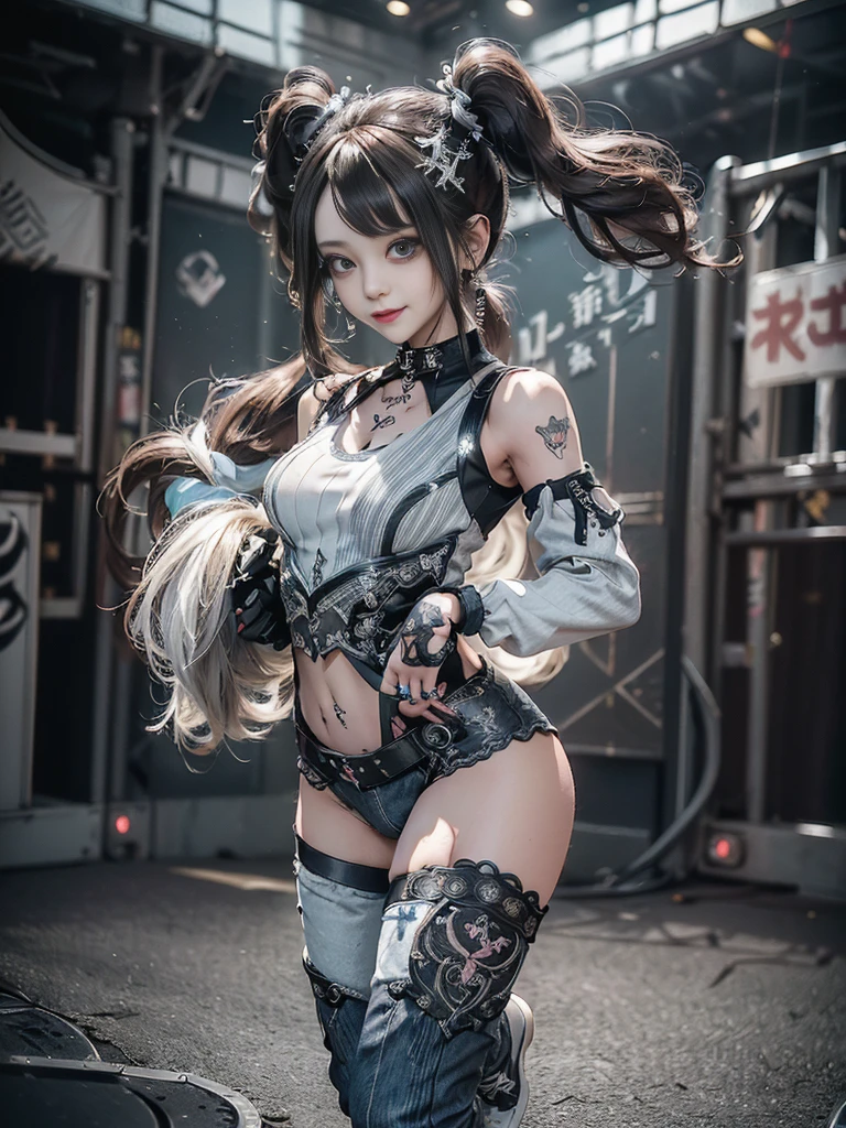 (Full Body View:1.4)、(Side view:1.1)、(Smiling with teeth showing:1.3),(Shibuya Gal:1.5)、(Gothic Lolita style fashion:1.5)、(Punk RockVisual Kei:1.5)、(Wearing a rhythmic gymnastics bodysuit with intricate details:1.4)、(Racing suit and pants with intricate decorations in white, denim and charcoal:1.5)、(Denim and light blue and white boots:1.3)、((belt))、(Numerous delicate logo marks all over the costume:1.4)、(collar:1.3)、(Striped underwear:1.5)、20-year-old、NSFW、((Highest quality、In 8K、masterpiece:1.3))、Sharp focus:1.2、(Layered Cut、Huge boobs:1.1),Beautiful woman with perfect figure:1.4、(Dancing vigorously:1.3)、Slender Abs:1.2、Highly detailed face and skin texture、Detailed eyes、double eyelid,(Twin tails:1.3)、(Brown Hair:1.3)、Gravure idol、(The background is the stage of the fashion show:1.3)、(Slim body:1.3),(Make your legs thinner:1.4),（clavicle:1.1）、(Thin and slim thighs:1.3)