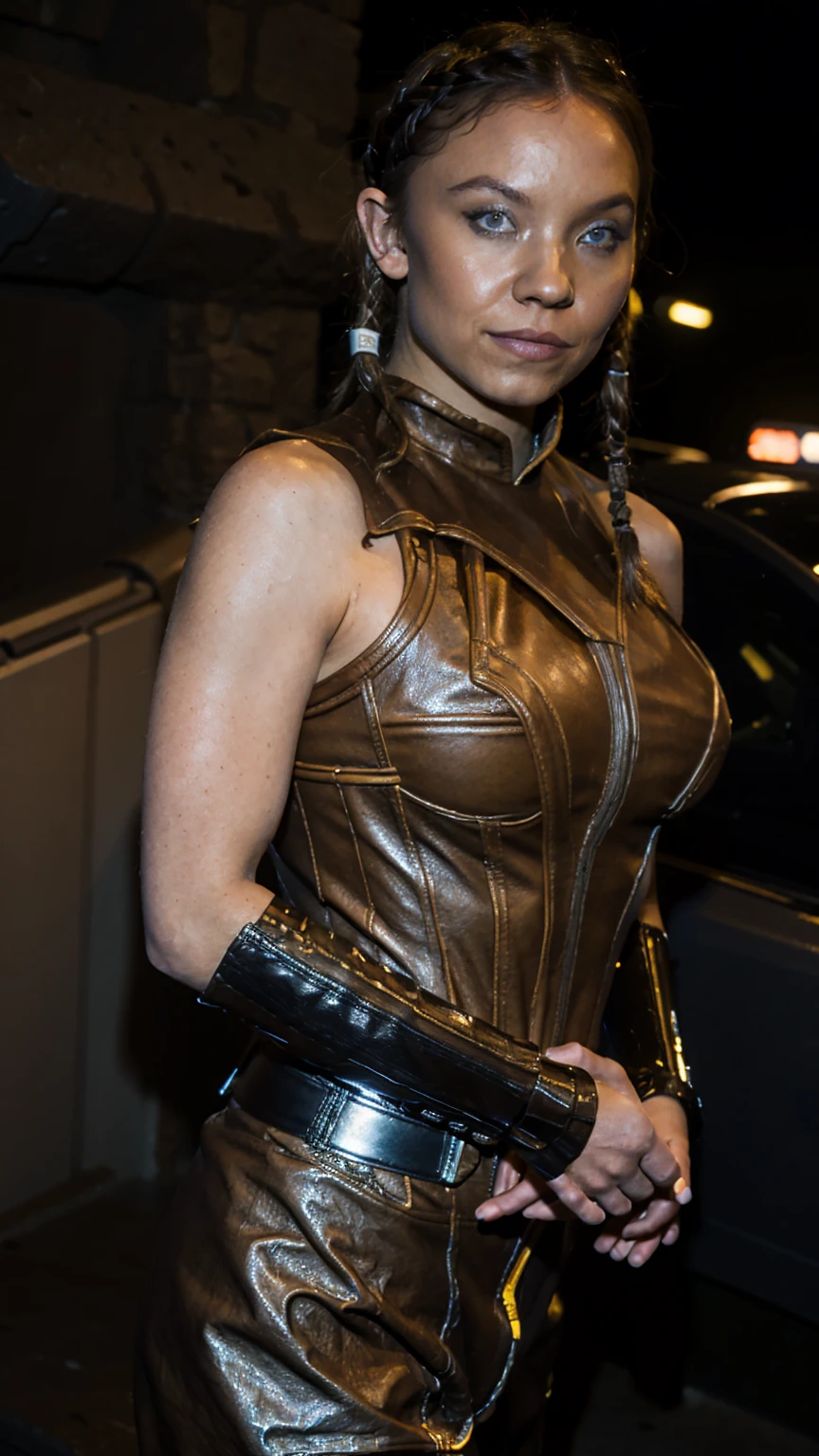 (masterpiece), (solo character), (best quality), (photorealistic 1.4), (EpicRealLife), (night time), (satele shan brown bodysuit), (satele shan brown leather costume), (arm bands), (SateleShan armor), (satele shan hairstyle), ( twin braided hair), (shoulder armor), bare shoulders, (sateleshan costume), (Sydney Sweeney), (blue eyes), (large breasts), (star wars scene), (in a canyon) (flashphoto), (flash photography), (close up), (