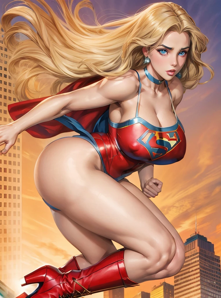 a girl, supergirl, top views, Young Elizabeth Taylor as Supergirl， blond，Long hair，blue eyes，Beautiful eyes，Expression，Lively expressions，Detailed facial description，Rich in details，Blue tight camisole，Red s logo on chest, huge breasts,  convexity,  bulges,Huge ass, Camel toe clear，big legs, plump body,Red triangle thong，High heel boots。Top of a skyscraper，Fly in the air，Rich in details