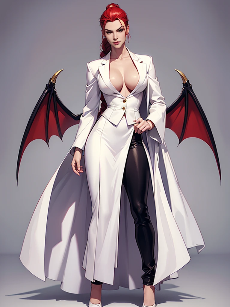((best quality)), ((4k)), ((highres)), ((masterpiece:1.2)). ((detailed)), ((ultra realistic)), ((intricate details)), ((full body picture)), ((character design sheet)), ((blank background)), ((standing in a blank background)), solo character, a full body shot of a sexy pale female, inhuman pale skin, pasty white skin, ((vampire pale skin))), ((ghostly pale skin)), redhead, ((vivid red hair)), , long braided low ponytail, ((long braided low ponytail)), slicked back hair, sexy and dangerous, a bit of androgyny, ((a bit of androgyny)), evil smile on her face, about 30 years old, about 6'0 ft tall, athletic frame, character concept art, female executive, blazer suit, dress pants, work pants, white outfit with black details and gold adornments, ((predominantly white outfit)), ((showing cleavage)), gold office heels, fighting game character concept art, tekken character design, the king of fighters character concept