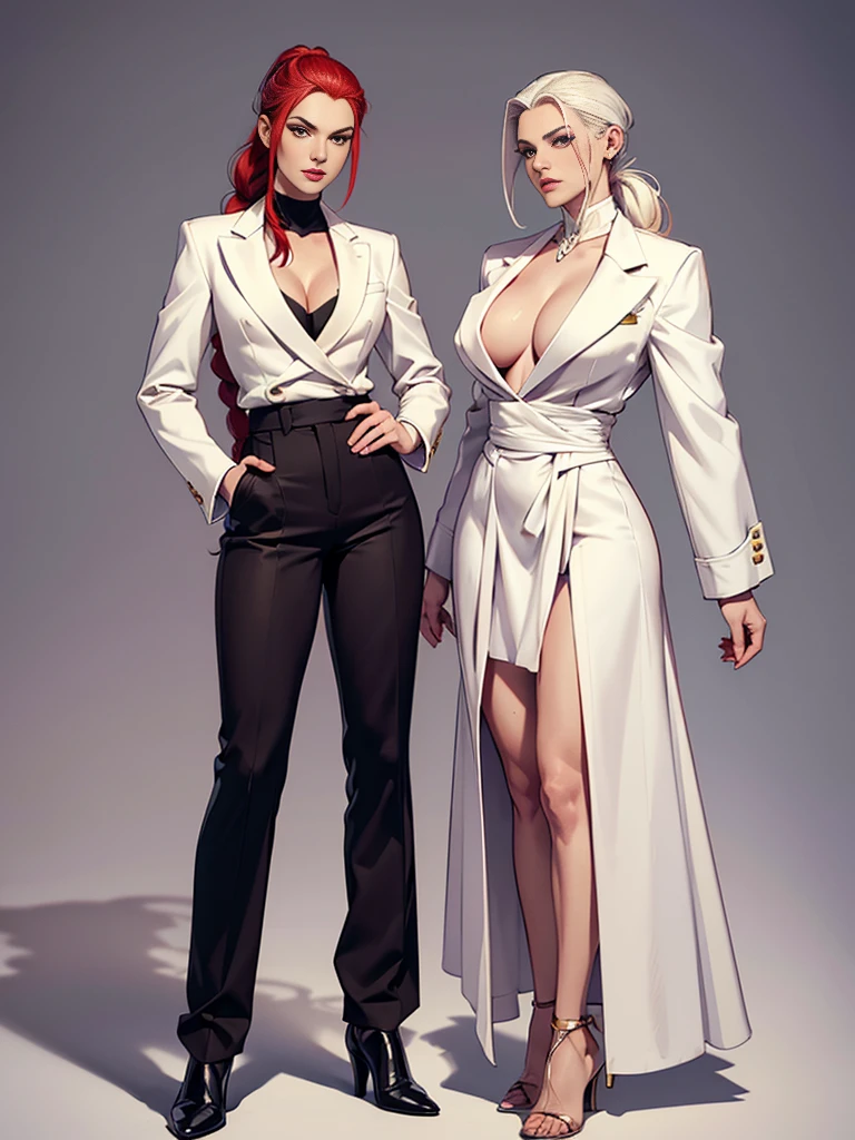 ((best quality)), ((4k)), ((highres)), ((masterpiece:1.2)). ((detailed)), ((ultra realistic)), ((intricate details)), ((full body picture)), ((character design sheet)), ((blank background)), ((standing in a blank background)), a full body shot of a sexy pale female, inhuman pale skin, ((vampire pale skin))), redhead, ((vivid red hair)), sexy and dangerous, a bit of androgyny, long braided low ponytail, ((long braided low ponytail)), about 30 years old, about 6'0 ft tall, athletic frame, character concept art, female executive, blazer suit, dress pants, work pants, white, black and gold outfit ((multicolored outfit)), ((predominantly white outfit)), ((showing cleavage)), office heels, fighting game character design, tekken character design, the king of fighters character concept art, villainess character concept art, full body,