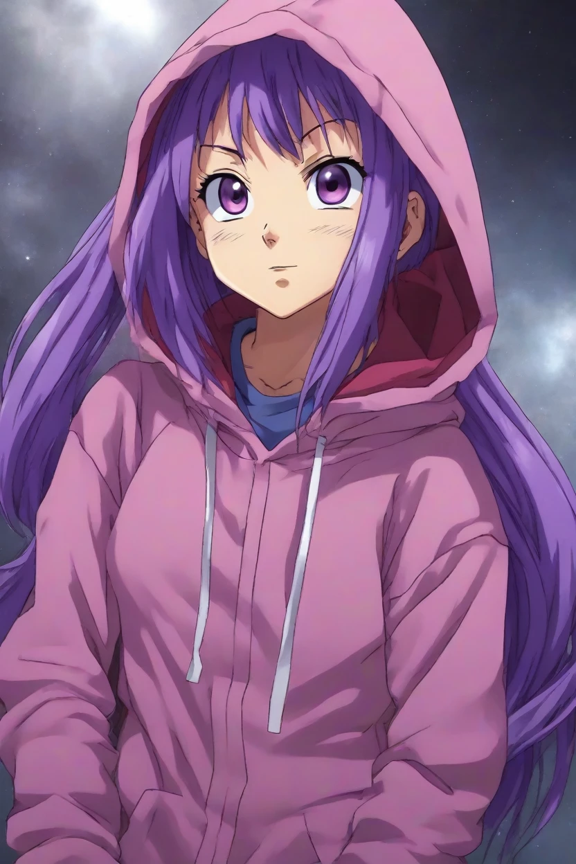 toriyama akira, high res, aihoshinonova, 1girl , solo, long hair, bangs, purple hair, purple eyes, star-shaped pupils, (close mouth), collarbone, blush, hoodie, medium breasts,
