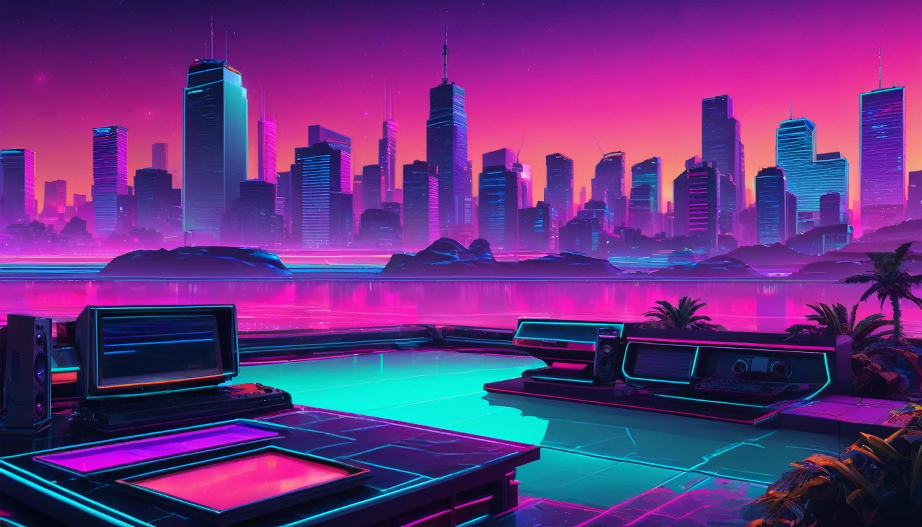 Create a realistic landscape background for gaming Twitch chanell in a synthwave style from the 1980s. The scene should feature a neon grid, vibrant colors, and a detailed retro-futuristic cityscape in the background. Include realistic lighting and shadows to enhance the overall realism of the image.