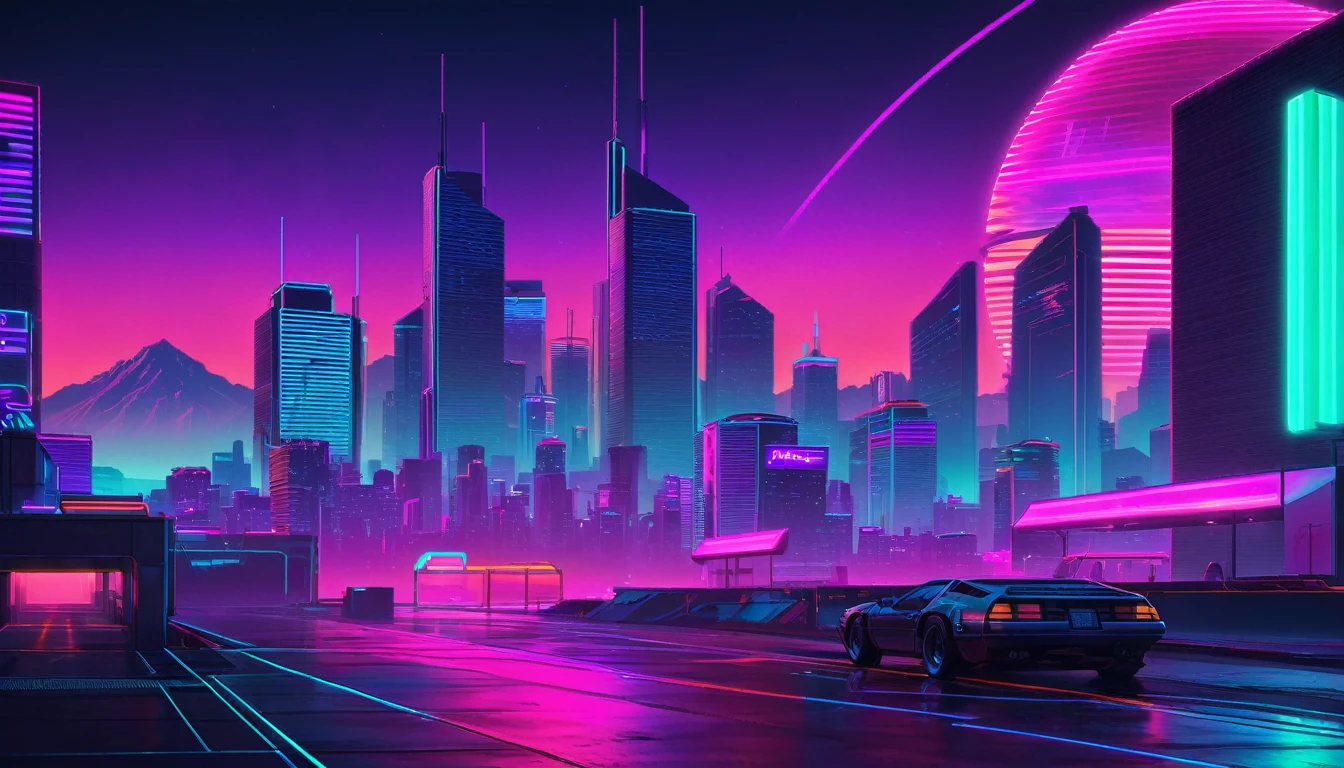 Create a realistic landscape background for gaming Twitch chanell in a synthwave style from the 1980s. The scene should feature a neon grid, vibrant colors, and a detailed retro-futuristic cityscape in the background. Include realistic lighting and shadows to enhance the overall realism of the image.