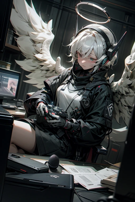 anime style, super fine illustration, highly detailed, dynamic angle, beautiful detailed, 8K, At night, in a dark room, Blake. A woman sits in front of her computer, unable to sleep. BREAK She is wearing a headset with a microphone and holding a video game controller, BREAK She is playing a game.God,Angel wings,goggles,God game,white hair,Angel Halo,perfect face,perfect hands,short hair,sharp eyes,Insanity,8k quality,Break a robot game,on desktop,