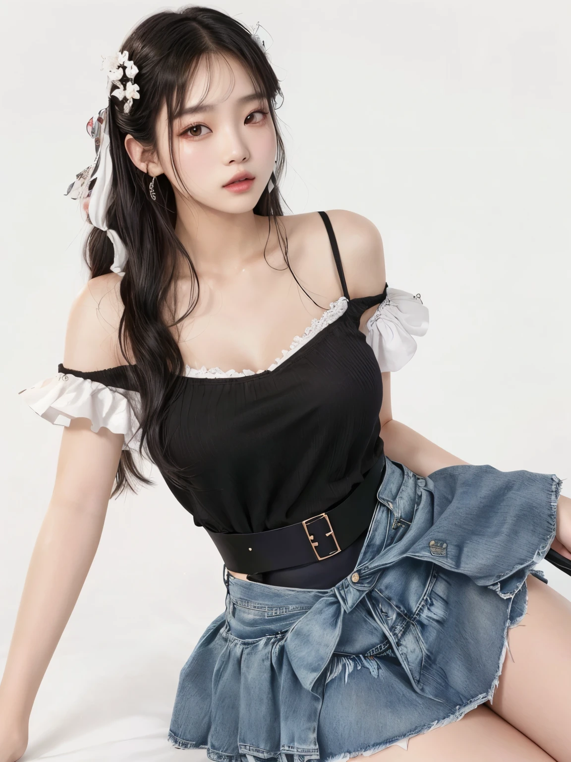 araffed asian woman in a tapa negra and denim skirt, jisoo de blackpink, bella delfina, tendencia en cgstation, tapa negra, wearing a lindo top, lindo top, Jisoo de Blackpink, tendencia en cgstation, camisa y jeans kawaii, top elegante, ulzzang, ropa de bruja, cambiar, top corto, Jinyoung Shin, corsé