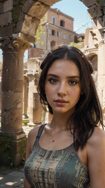 a detailed painting of the ancient ruins of Pompeii, 1girl standing in the foreground, beautiful detailed eyes, beautiful detailed lips, extremely detailed face, longeyelashes, ancient roman architecture, crumbling pillars, cobblestone streets, overgrown vines, warm dramatic lighting, cinematic composition, vibrant colors, photorealistic, masterpiece, 8k, unreal engine