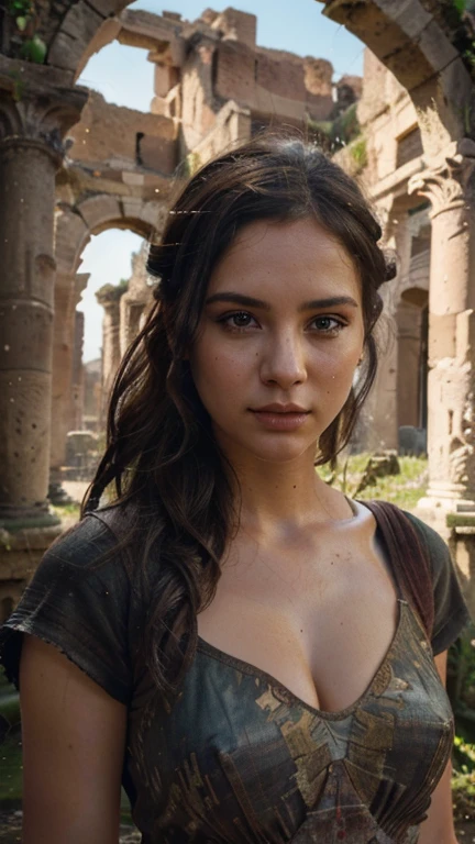 a detailed painting of the ancient ruins of Pompeii, 1girl standing in the foreground, beautiful detailed eyes, beautiful detailed lips, extremely detailed face, longeyelashes, ancient roman architecture, crumbling pillars, cobblestone streets, overgrown vines, warm dramatic lighting, cinematic composition, vibrant colors, photorealistic, masterpiece, 8k, unreal engine