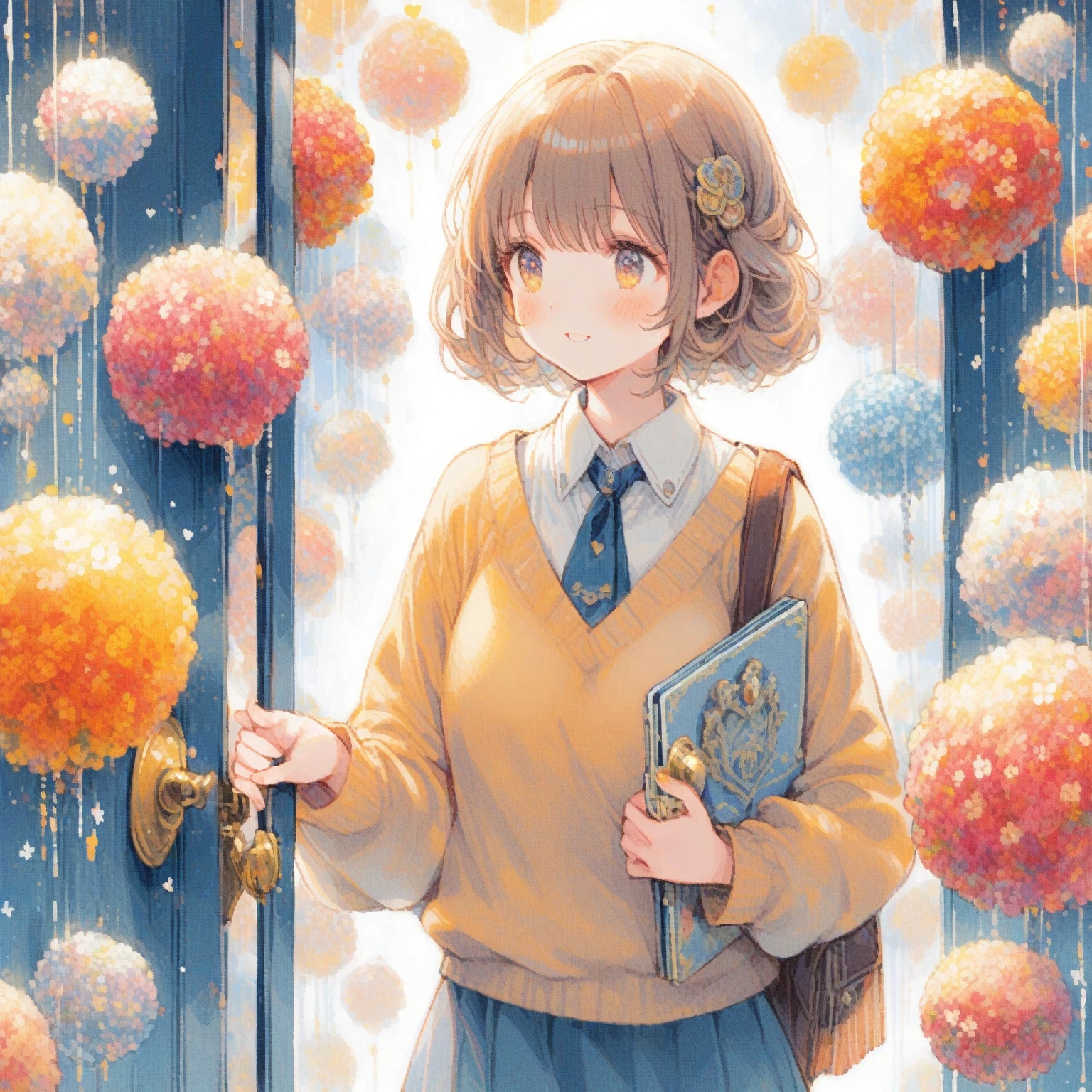 1girl、Craspedia globosa、「Eternal Happiness」「Knocking on the door of the heart」「Individuality」、tegaki