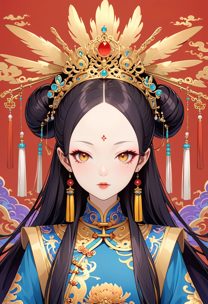 Phoenix Coronet：1.37.Solemn girl portrait，symmetry，Round Face，Bright Eyes，Smooth skin，Red peony headdress，Elegant and luxurious，Wealth，Gorgeous black and gold costumes，Chinese Qing Dynasty flag costumes,Selfish,Chinese Emperor，High bun，Gorgeous golden crown，tassel，palace，Clean background，(((Wu Zetian，Empress)))，Pearl tassels，Pearl Makeup，Red background，Domineering sitting posture，Long legs。Crystal bead curtain
