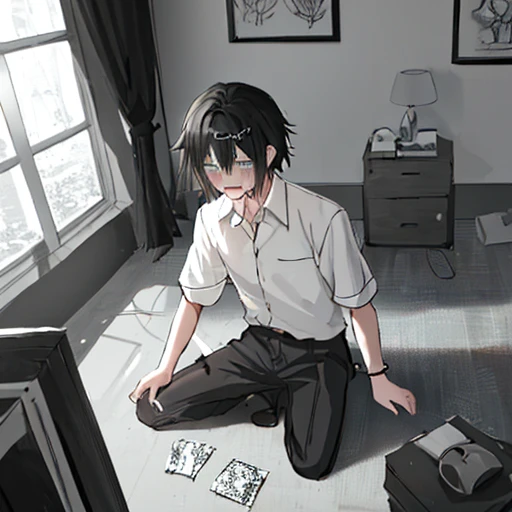 Anime boy, simple straight black hair, panic emotions, pale, black theme, dark, creepy, weird, white shirt, man, thin, dirty, looks scary, black, creepy smile, looks like an addict, blushing, handsome, grayscale, horny, one person, nsfw, simple clothes, simple theme, best hands drawing, best quality, best anatomy, best emotions drawing.