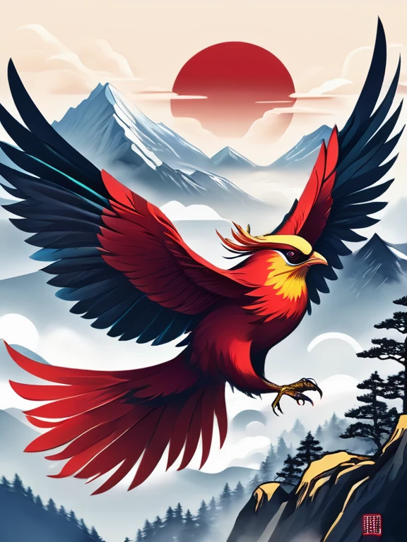 Suzaku in bird form.,With a little phoenix feeling。,Everyone just felt the effect of the impact.,Mainly red,Mountains and views