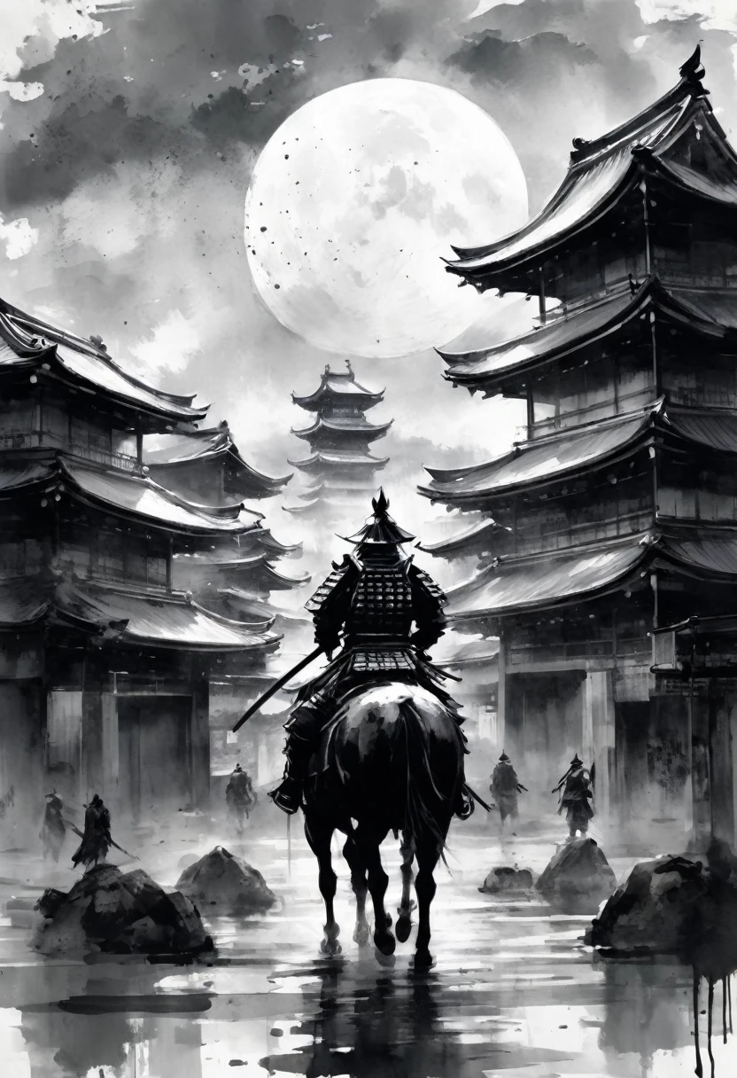 back view:1.2,Black and white painting,Ink Painting,Draw a crescent moon with brush splashes,japanese spear,(samurai armor),(Japanese Armor),Warrior,Armored horse,horse riding,Torii gate in the background,
