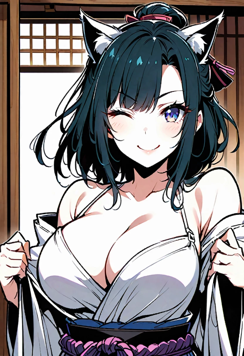 female samurai，with cat ears, big breasts can be seen, winks at the viewer, Smiles, she is currently undressing