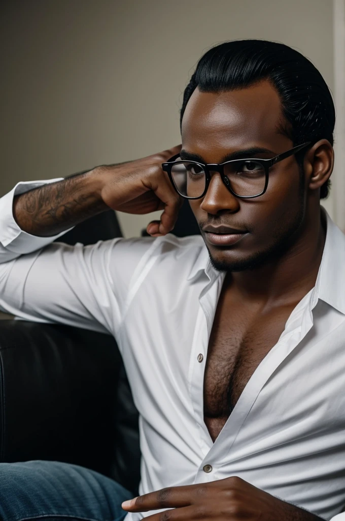 Give me the image of a devil who assumes the body of a young man with dark skin in his 25s with hair combed back with a slight receding hairline and glasses.,