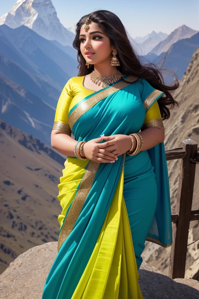 1 Heavenly beautiful and goddess beauty cute and sweet looking face Arabian woman in Ama Dablam Mountain, Heavenly beautiful Overweight, Heavenly beautiful Extremely fat, Heavenly beautiful and attractive Chubby figure , Heavenly beautiful looking and eye catching luxury style tight fitting elegant saree, reaching out, Heavenly beautiful Arabian woman, 16k, High resolution, masterpiece, highest quality, fine skin, Realistic Photograph