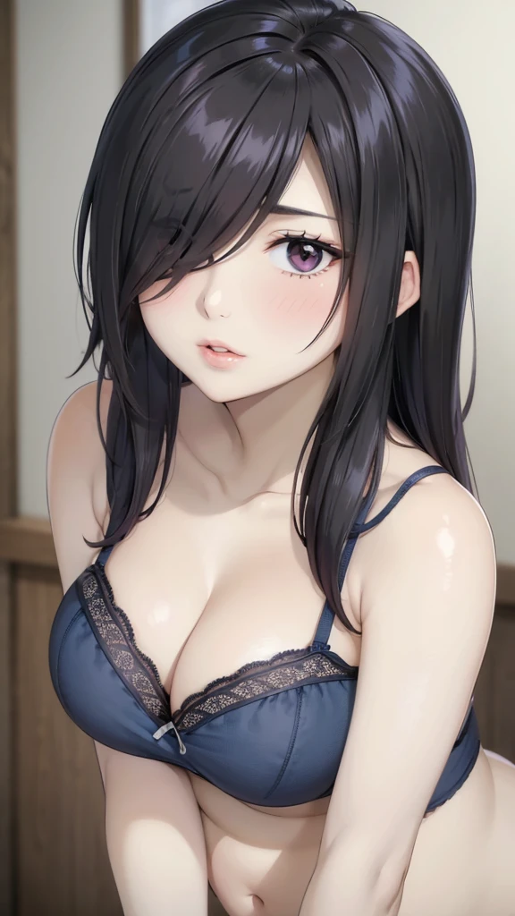 Cute mommy, mature women, blue bra,realistic skin,perfect ,black hair, long hair, (hair over one eye:1.4), messy hair, hair between eyes, chubby,plump,fat, nude,dense pubic hair, extreme pubic hair, Sexy lips, pucker lips,cute shy blush on, chubby cheek