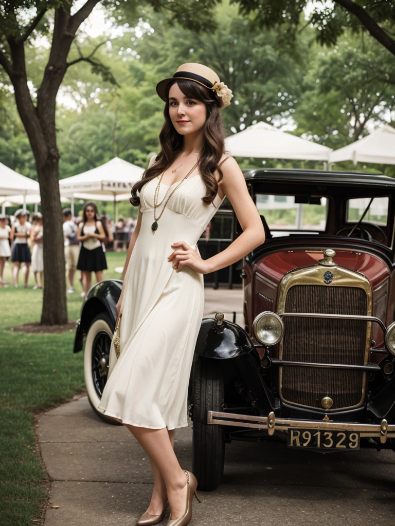 generated a full body of a 21 years old young white woman with dark brown Pinned-Up Long hair, medium size chest, she is 5feet5 height, wear 1920s-themed event on Governors Island, where attendees dress in period attire and enjoy live jazz music, dancing, vintage cars, and prohibition-era cocktails. It’s a nostalgic celebration of the Jazz Age, attracting fans of history and vintage culture