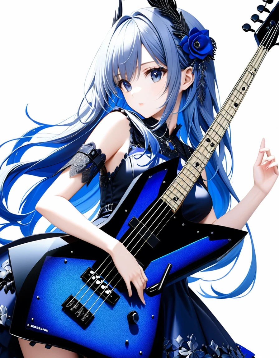 (((White background:1.5)))、(very wide shot)、(masterpiece、Ultra HD、Highest quality、Masterpiece、4K:1.2)、Slender body、Playing a black electric bass,Scandinavian Metal Girl, Intricate details, Highly detailed eyes, Highly detailed fingers、Blue semi-long hair、Blue Gothic Dress, Intricate details、Are standing、Dynamic movement、profile
