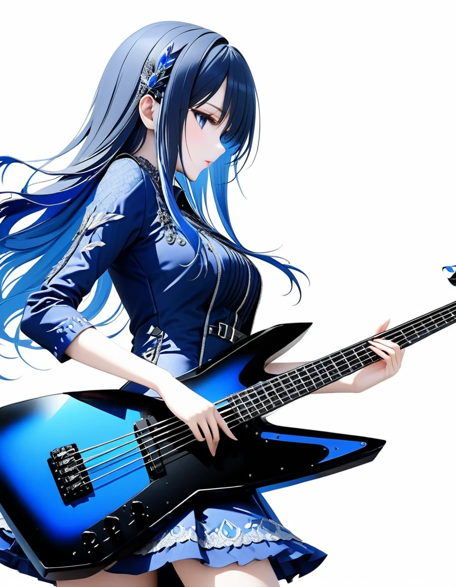 (((White background:1.5)))、(very wide shot)、(masterpiece、Ultra HD、Highest quality、Masterpiece、4K:1.2)、Slender body、Playing a black electric bass,Scandinavian Metal Girl, Intricate details, Highly detailed eyes, Highly detailed fingers、Blue semi-long hair、Blue Gothic Dress, Intricate details、Are standing、Dynamic movement、profile