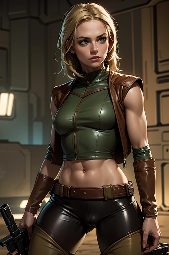 Female smuggler from Star Wars. Tatooine background. Young, fit. Blonde longer hair. Green eyes. Wearing tight leather brown leggings with a belt. Short jacket or vest. Visible cameltoe
