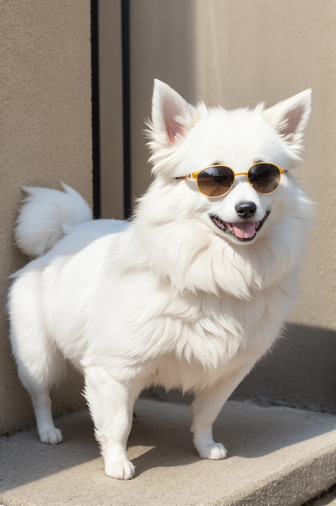 A white German Spitz dog with sunglasses