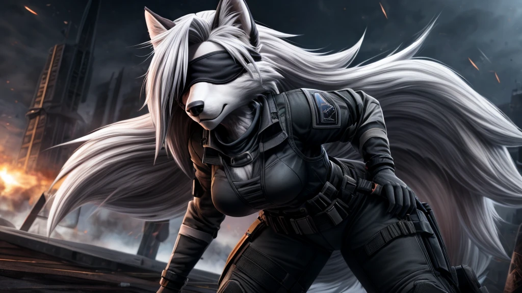 Loona from Helluva Boss, female white wolf, anthro, soft short white hair, blindfold, white military grade combat battle suit, standing, serious, detailed, solo, beautiful, high quality, 4K