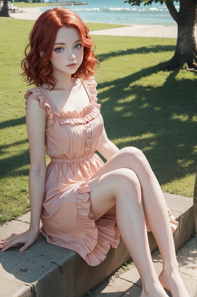 red wavy bob hair, one teen girl, pale skin, blue eyes, short frilled peach color dress, barefoot, in the park, sitting portrait