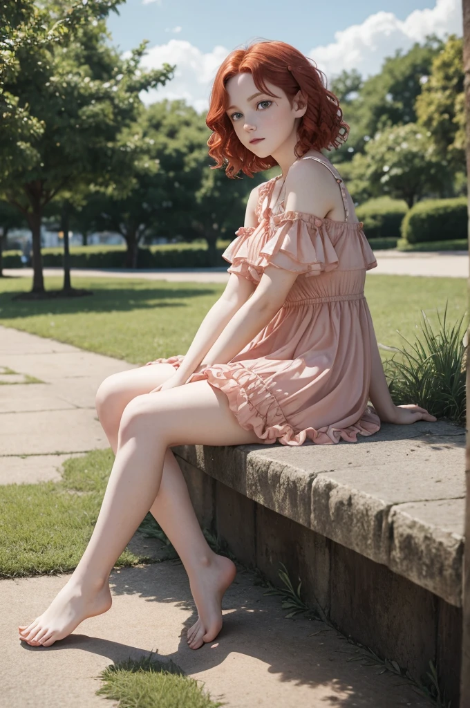 red wavy bob hair, one teen girl, pale skin, blue eyes, short frilled peach color dress, barefoot, in the park, sitting portrait