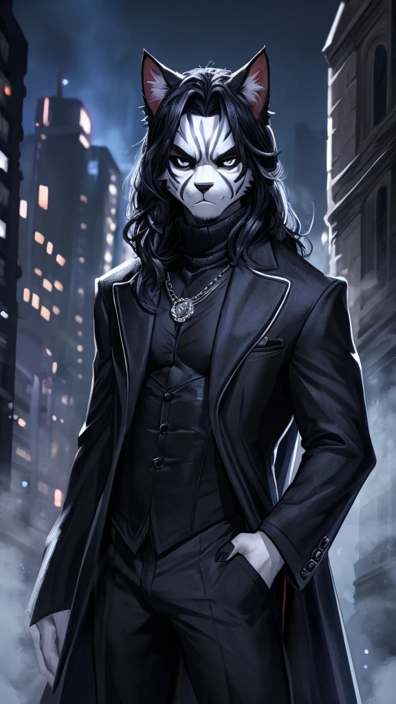 Ross Tran, ruan jia, trending on artstation, Male, (Male anthro cat:1.3), (Black fur with white fur patterns:1.1), (standing:1.3), (Foggy night city:1.23), (displeased expression:1.3), detailed eyes, black nose, (detailed eyes), (sharp white eyes), detailed background, 8k hd, (dark shadows, wide dynamic range, hdr, low light:1.2), (Lean physique), slight black eyeshadow, (Long wavy black hair), (black long coat, black turtleneck, silver necklace, black dress pants), ((Gothic))