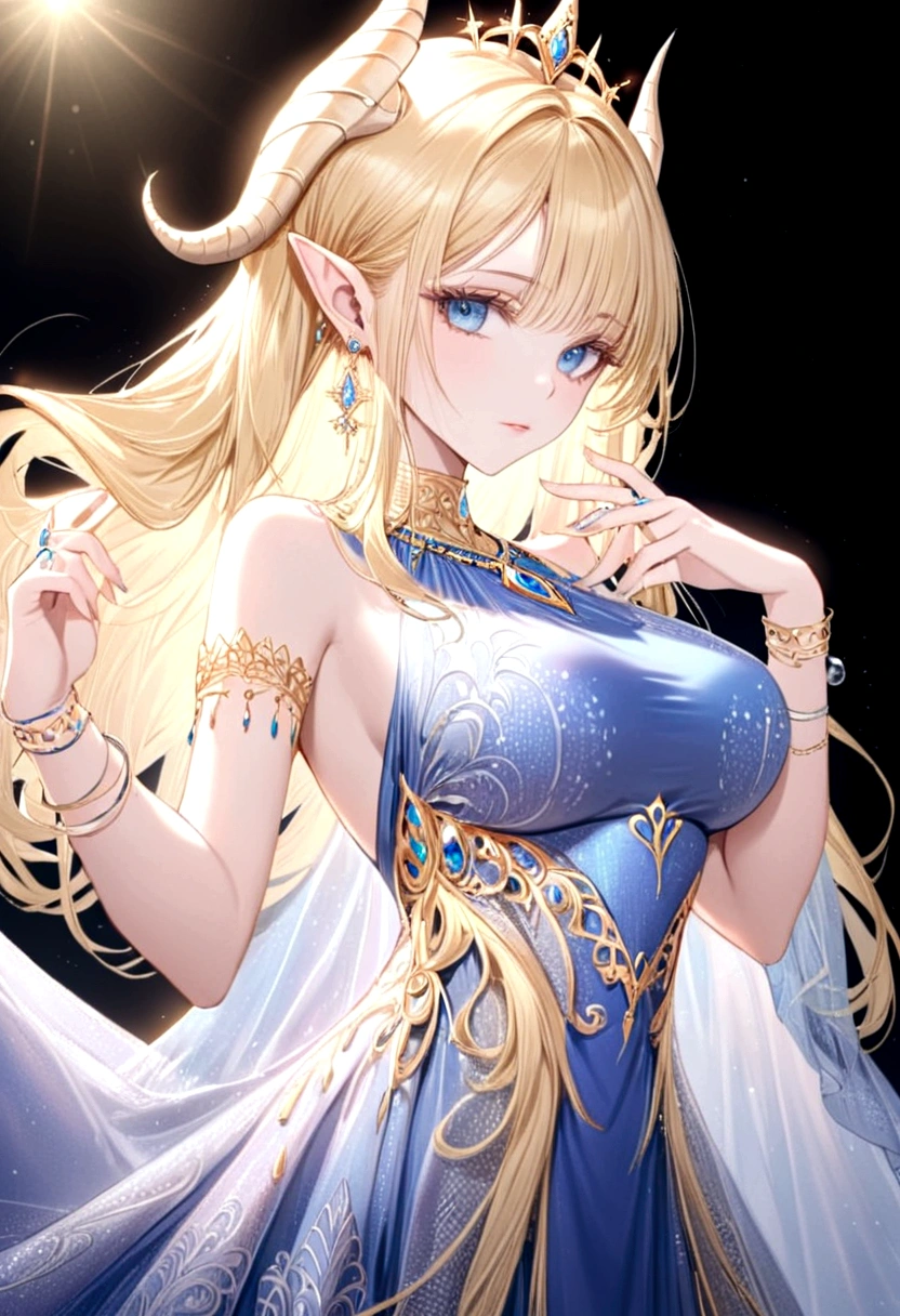 Adorned with luxurious accessories, the blonde-haired, blue-eyed elf queen captivates the viewer with her regal presence. Her gown, embroidered with gold and silver threads and intricately patterned with brightly colored threads, shimmers in the ethereal light. Ears adorned with pierced earrings sparkle, an elegant necklace adorns the slender neck, and rings and bangles adorn the fingers. giga_busty, breasts